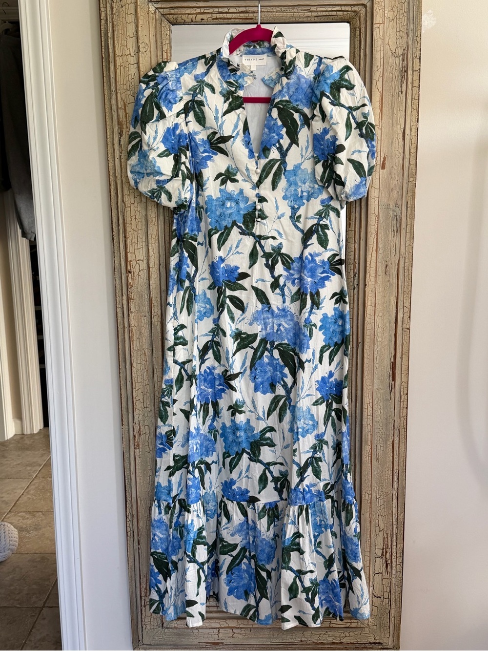 entro White Maxi Dress with Blue Floral Print and Puff Sleeves